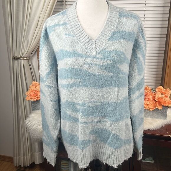 AllSaints Women’s Tiga Abstract Stripe V-Neck Sweater Sz L - Picture 3 of 9